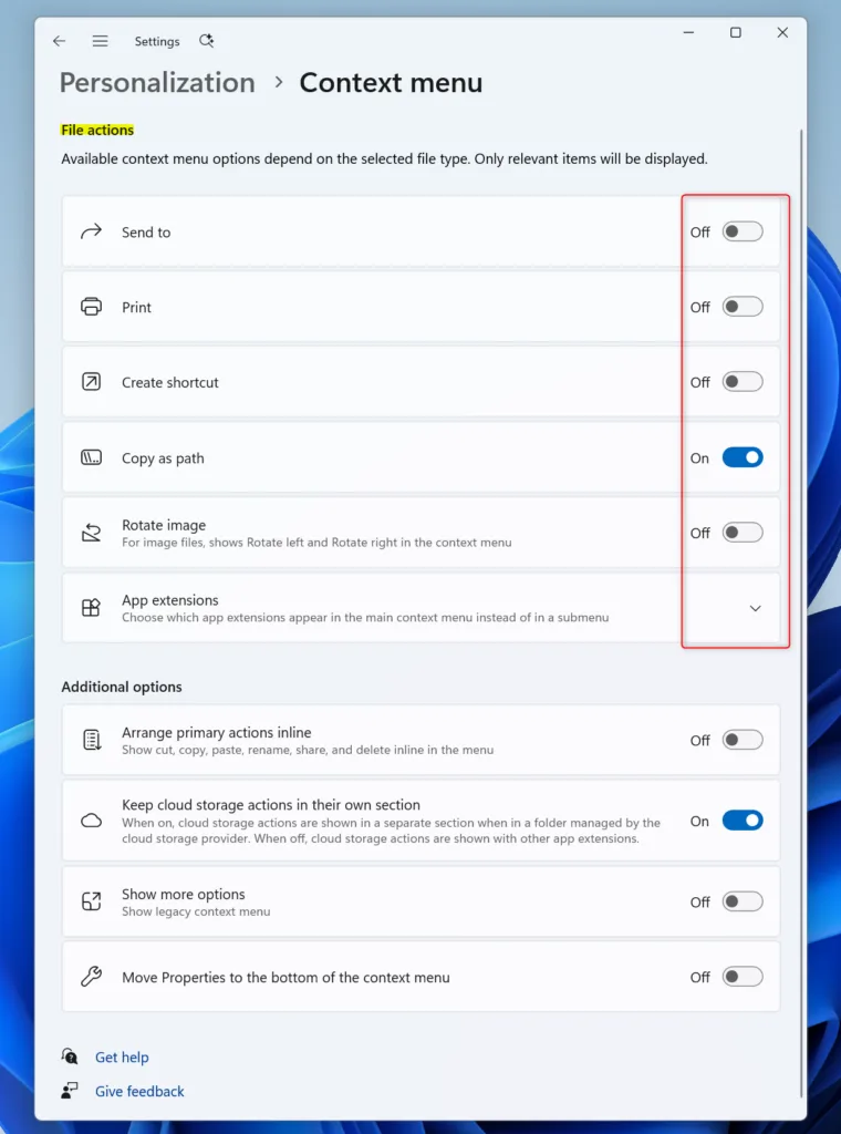 File actions and options in Windows 11 personalization settings