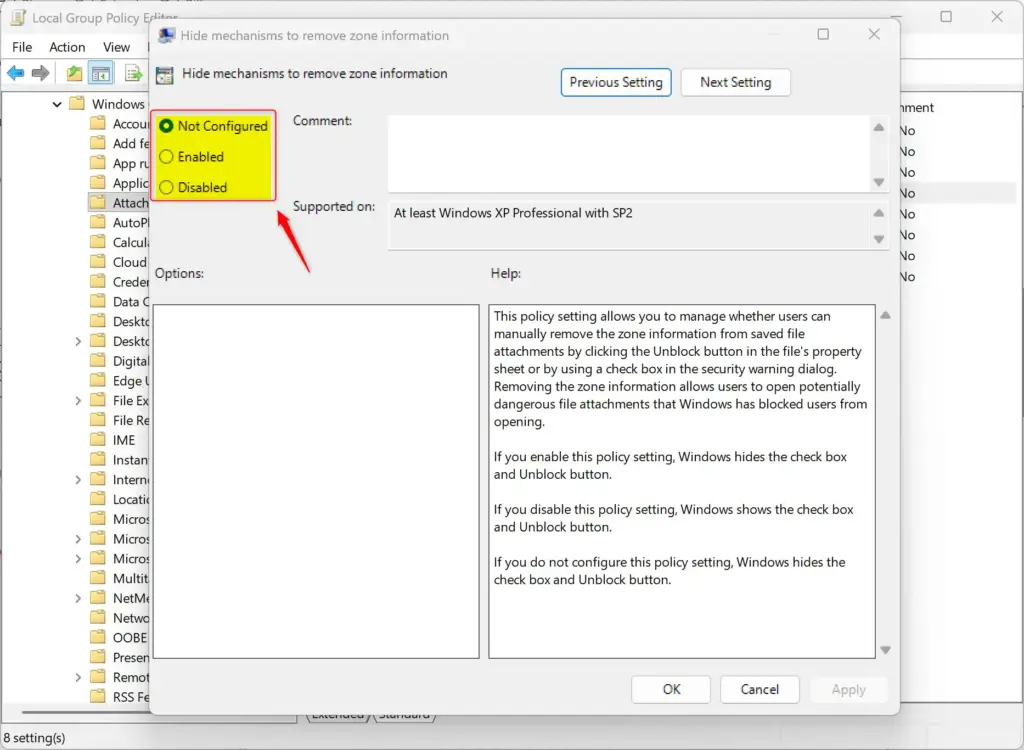 Windows 11 options for managing downloaded file security settings.