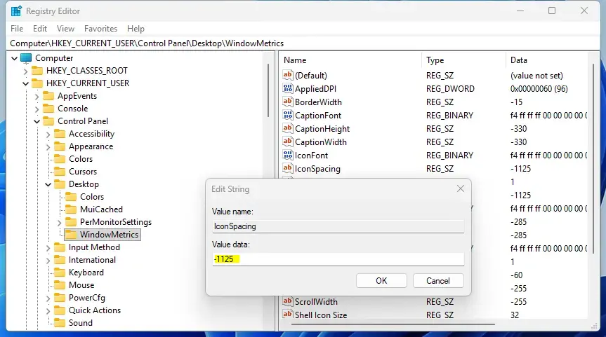 desktop_IconSpacing-2.png Edit String window to change desktop icon horizontal spacing in Windows 11
