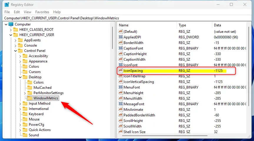 desktop_IconSpacing-1.png Registry Editor showing the WindowMetrics path for desktop icon spacing