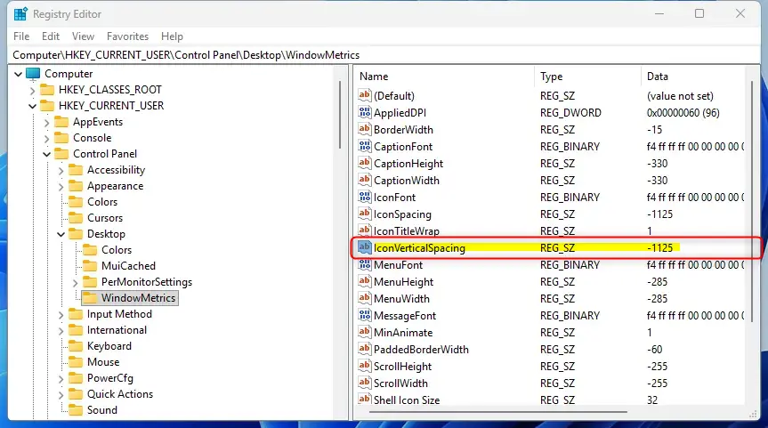 desktop_IconVerticalSpacing-1.png Registry Editor showing IconSpacing settings for Windows desktop customization