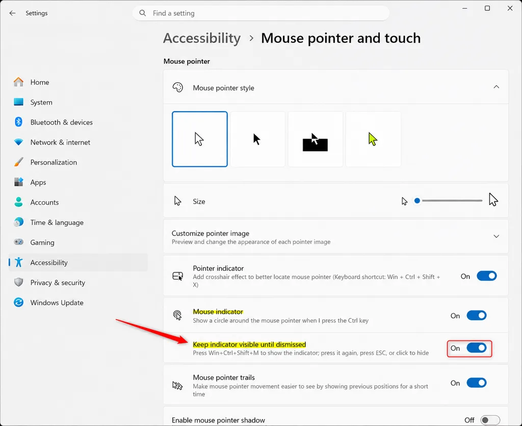 Windows 11 settings for keep mouse indicator visible until dismissed