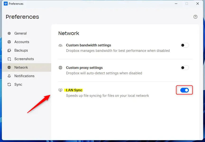 Dropbox LAN sync option enabled in network preferences.