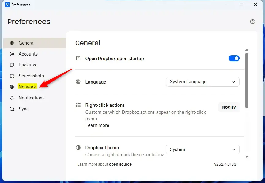 Dropbox preferences menu highlighting the Network tab for settings.
