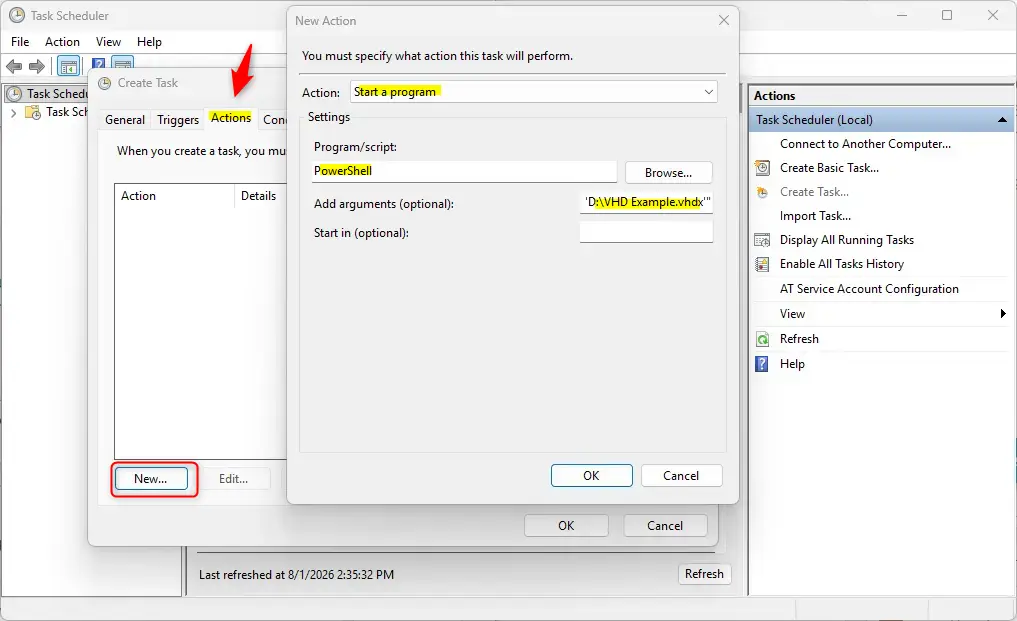 Action settings for the task to mount VHD file automatically.
