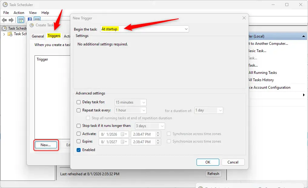 Trigger settings for the task to mount VHD on Windows startup.