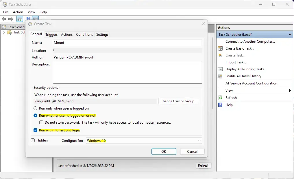 General settings for the new task to mount VHD at startup.