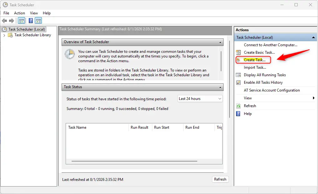 Create Task window in Task Scheduler for mounting VHDs.