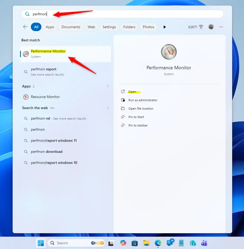 Open_perfmon_in_Search.webp Searching for perfmon in the Windows 11 Start menu to open Performance Monitor