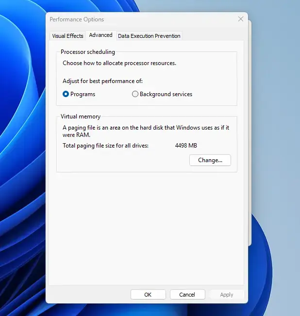 Advanced performance options window for Windows 11 paging file settings