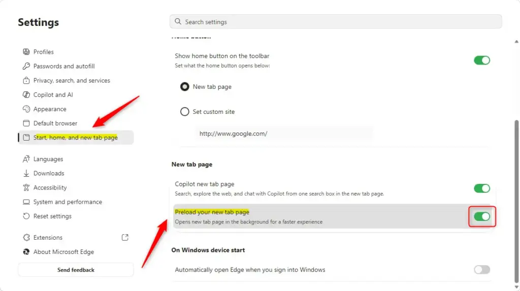 Microsoft Edge settings page showing "Preload your new tab page" toggle.