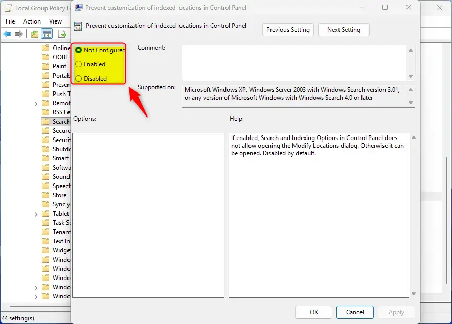 Options for preventing customization of indexed locations in Windows 11.