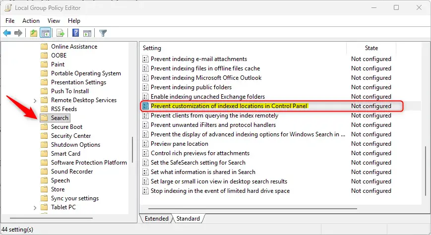 Prevent customization of indexed locations in Control Panel setting.