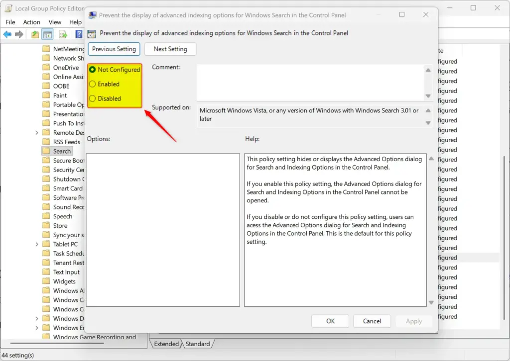 Windows Group Policy Editor showing setting to prevent advanced indexing options.