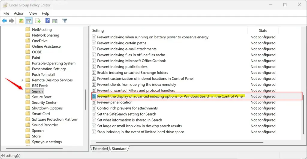 Prevent advanced indexing options display in Windows Search GPO settings.
