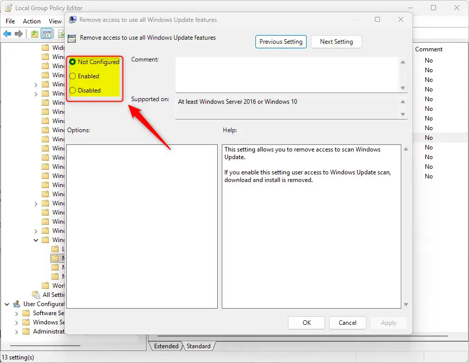 Enabling policy to disable manual Windows update checks.