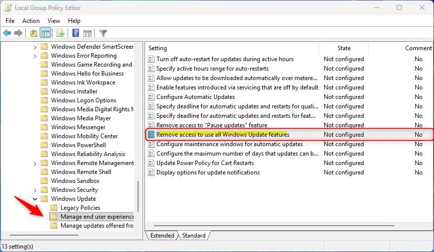 Group Policy Editor setting to remove Windows Update features.