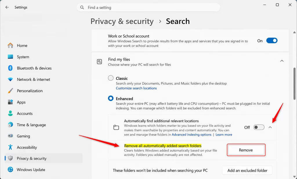 Windows 11 settings menu highlighting search index folder locations to remove