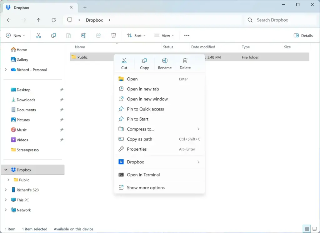 Right-click menu on Dropbox folder in File Explorer showing 'Smart Sync' options.
