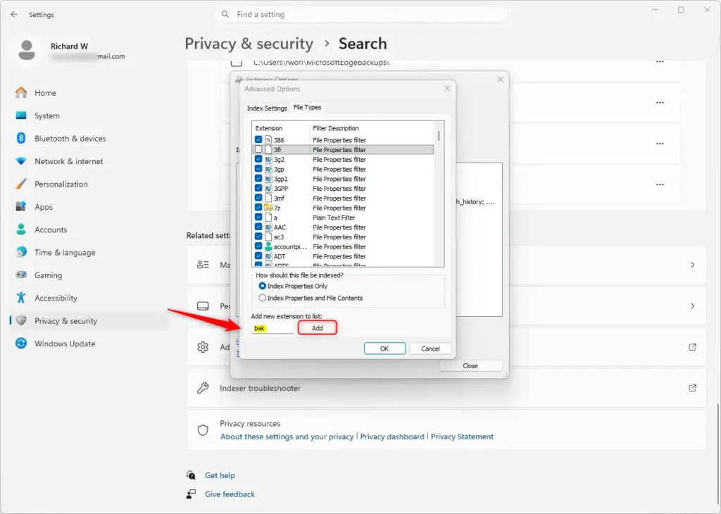 Add file types to Windows 11 search indexing options.