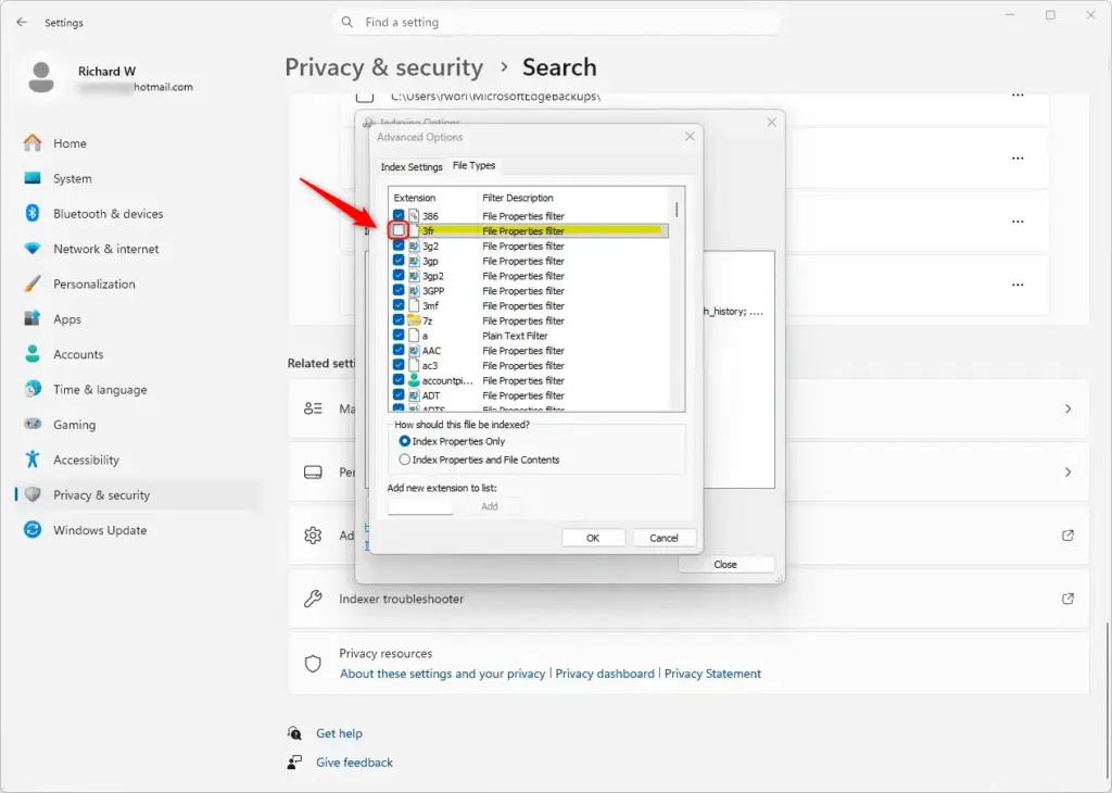 Remove file types from Windows 11 search indexing options.