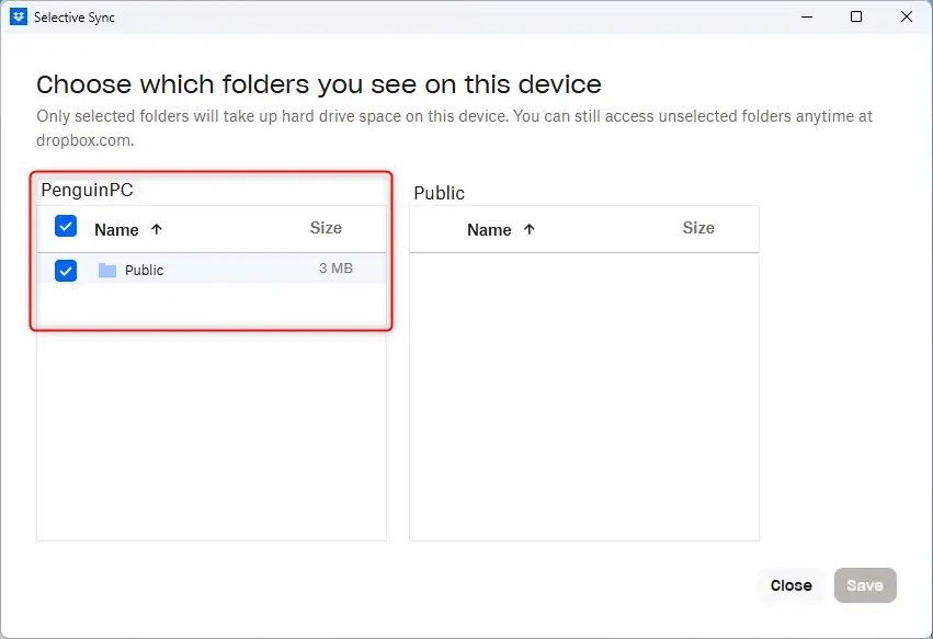Dropbox Selective Sync checkboxes for managing local storage on Windows 11.