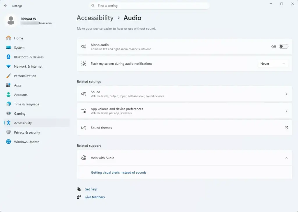 Settings › Accessibility › Audio