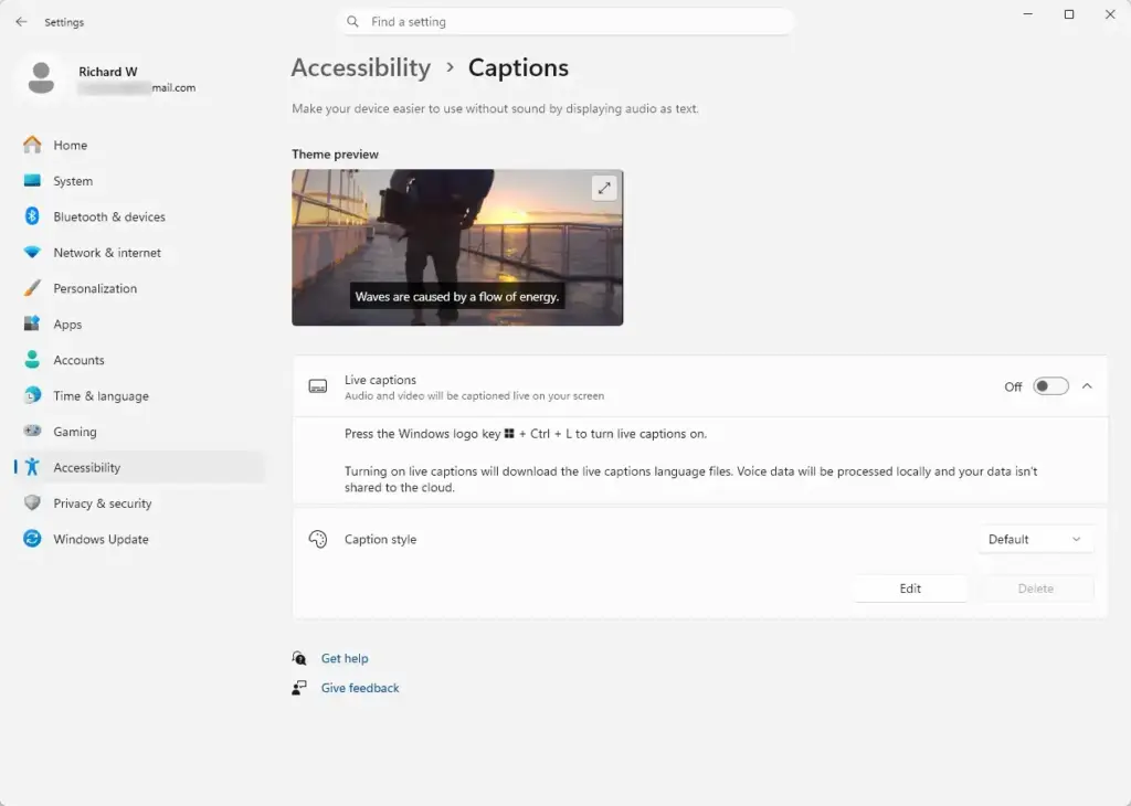 Settings › Accessibility › Captions