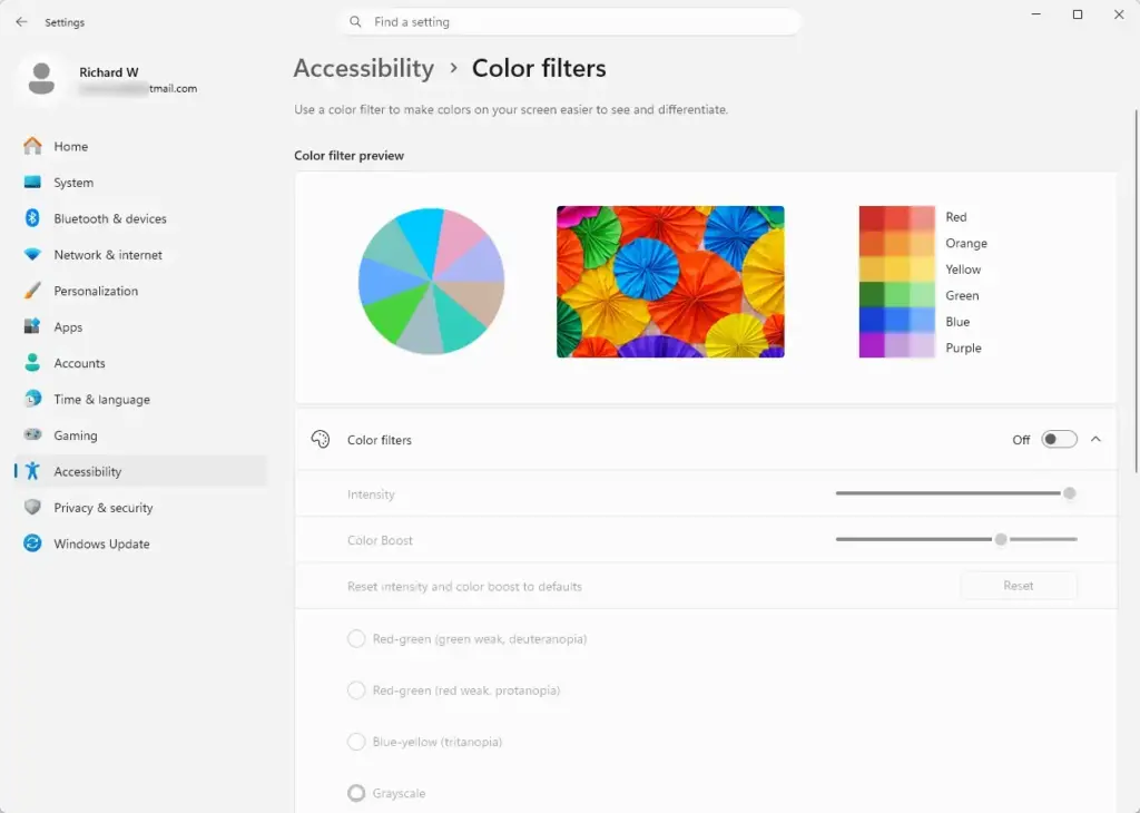 Settings › Accessibility › Color filters