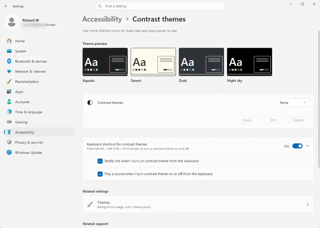 Settings › Accessibility › Contrast themes