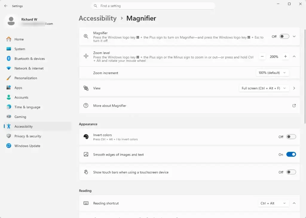 Settings › Accessibility › Magnifier