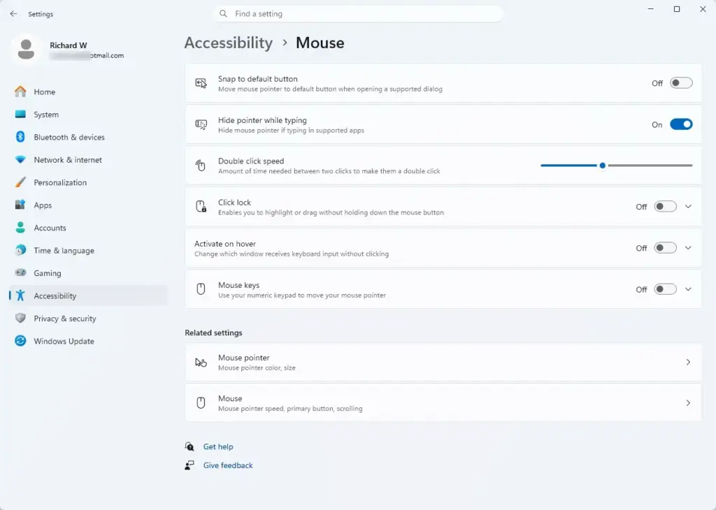 Settings › Accessibility › Mouse