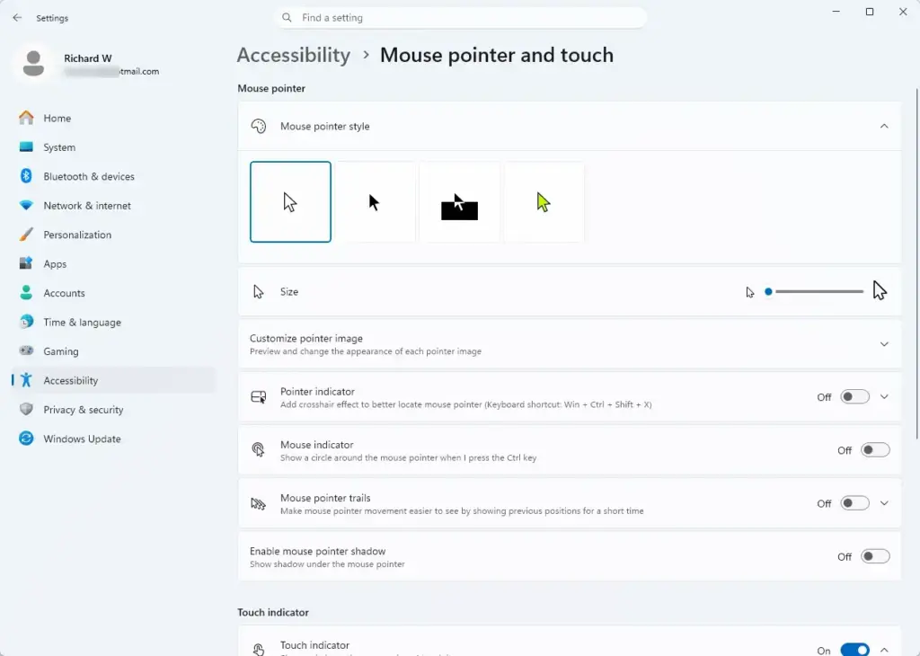 Settings › Accessibility › Mouse pointer and touch