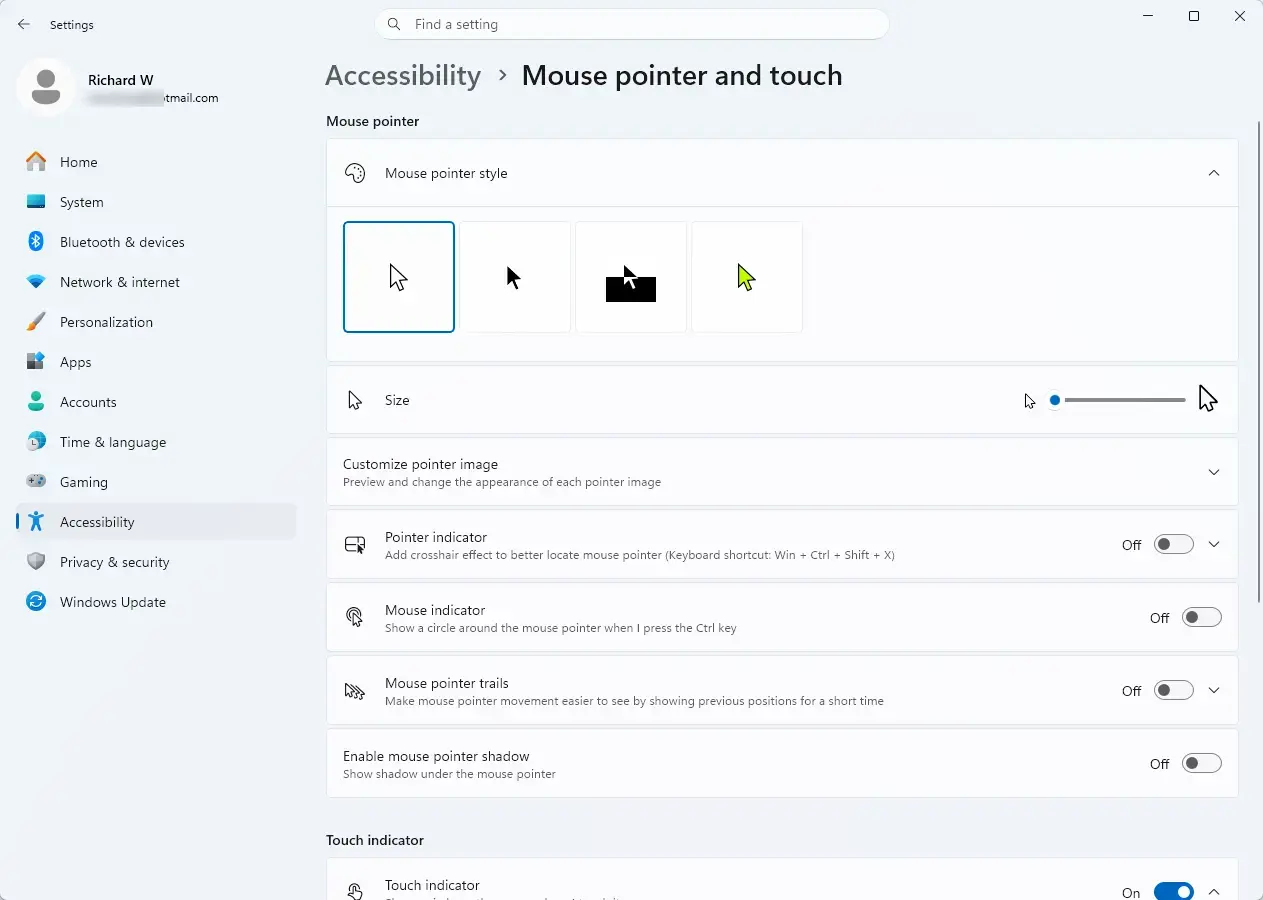 Settings › Accessibility › Mouse pointer and touch