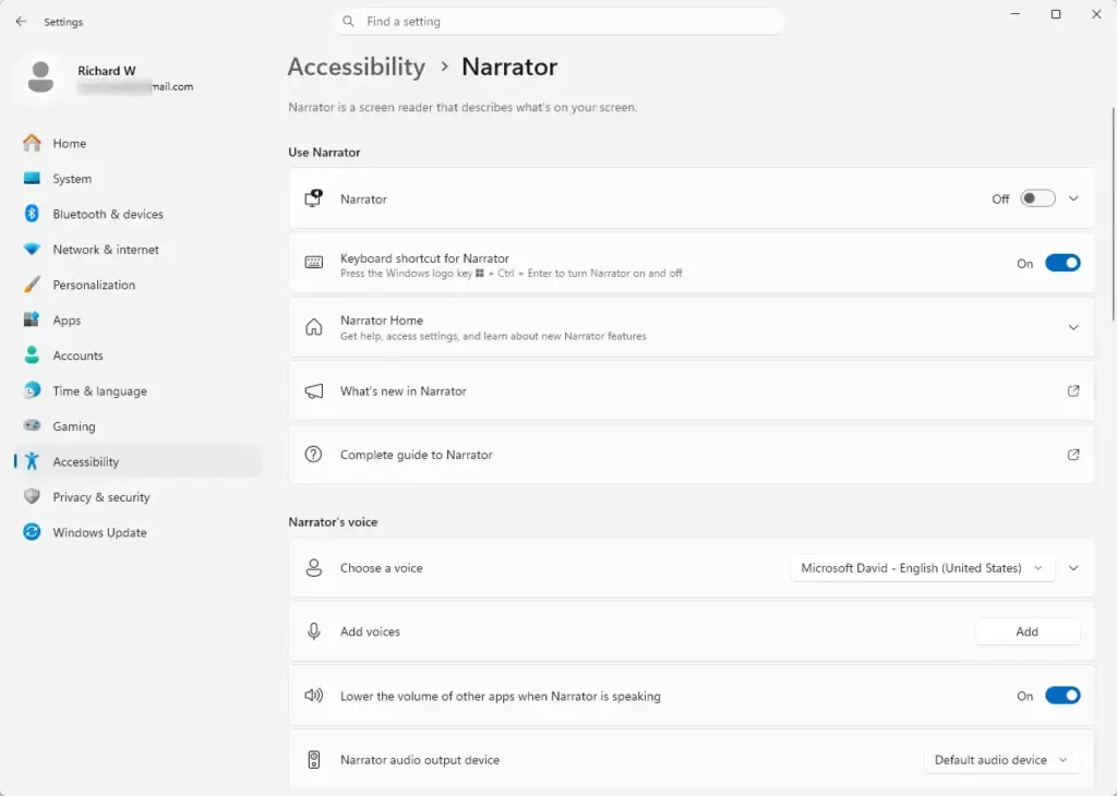 Settings › Accessibility › Narrator