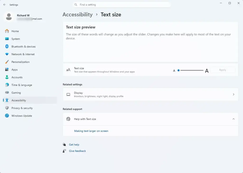 Settings › Accessibility › Text size