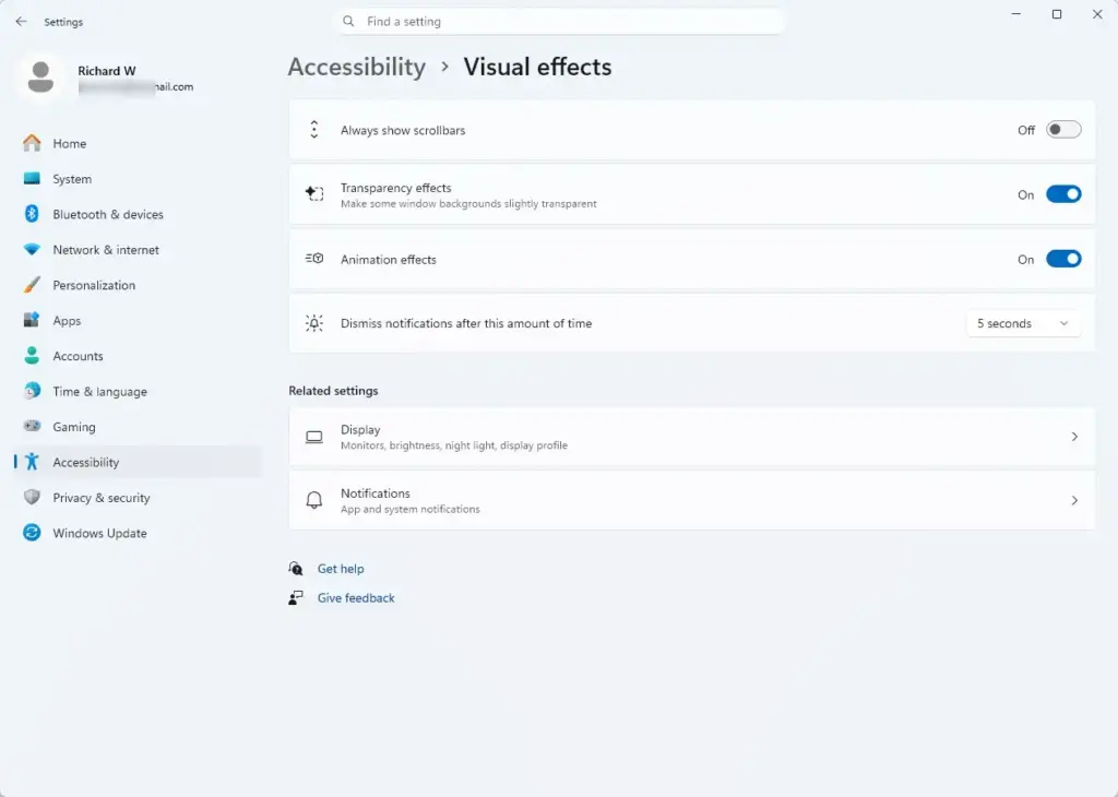 Settings › Accessibility › Visual effects