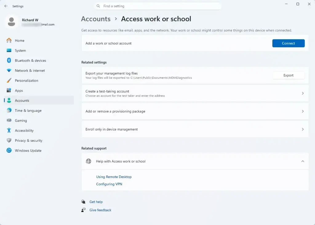 Settings › Accounts › Access work or school