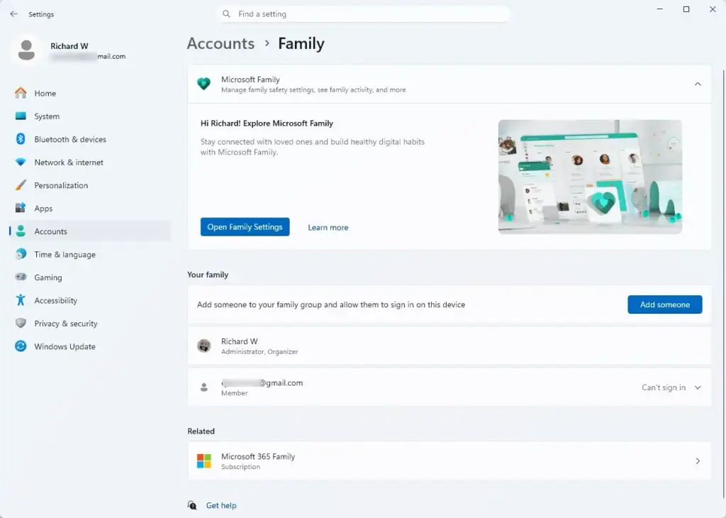 Settings › Accounts › Family