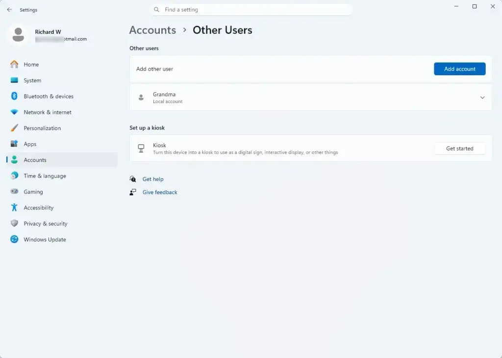 Settings › Accounts › Other users
