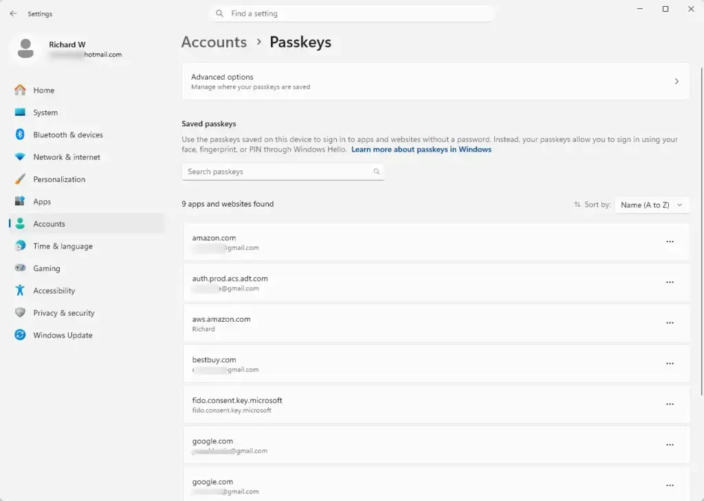 Settings › Accounts › Passkeys