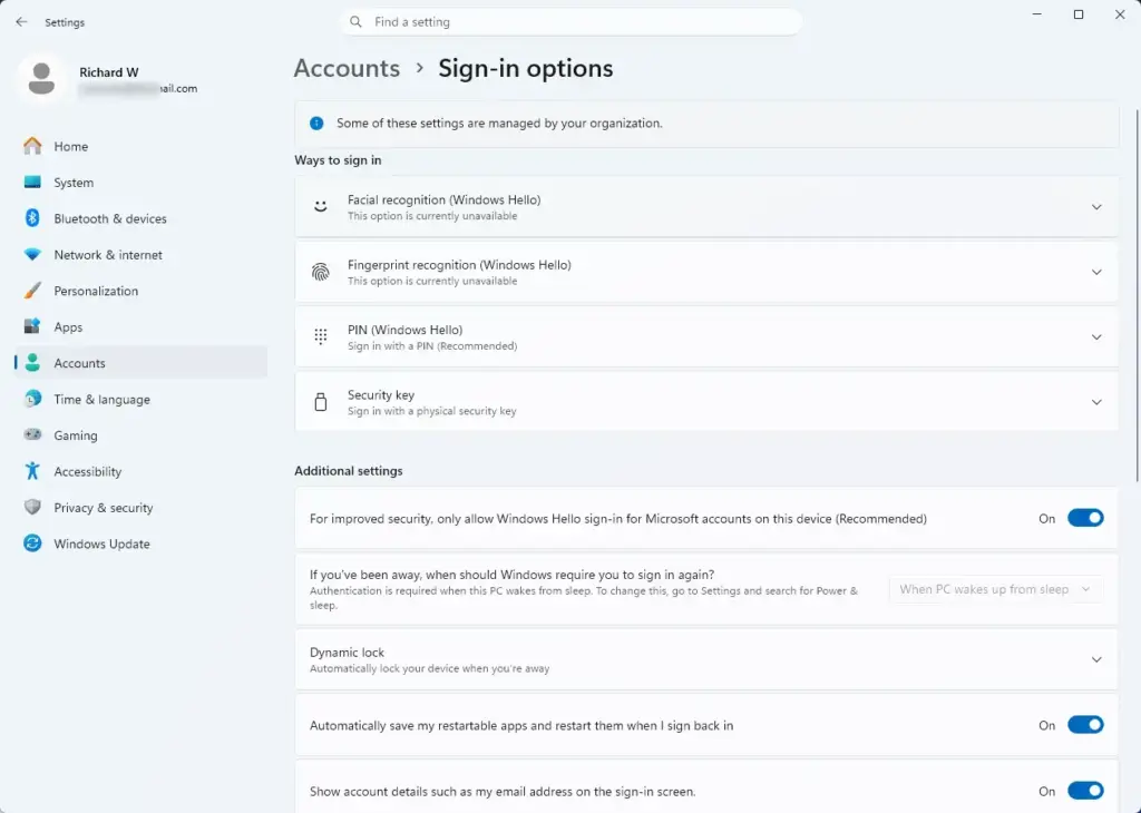 Settings › Accounts › Sign-in options