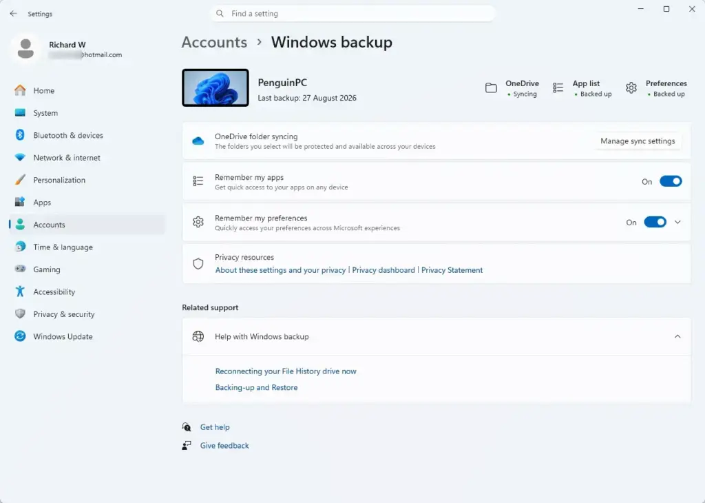 Settings › Accounts › Windows backup