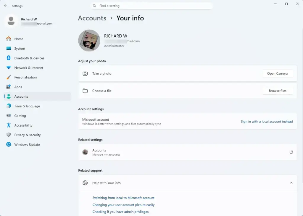 Settings › Accounts › Your info