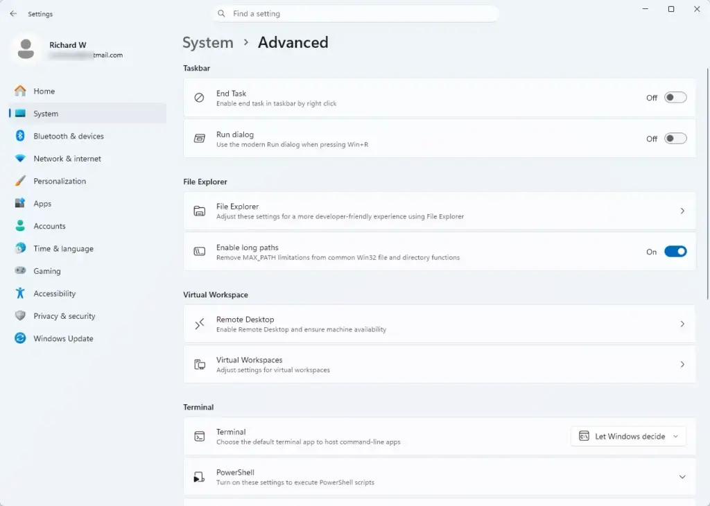 Settings > Advanced