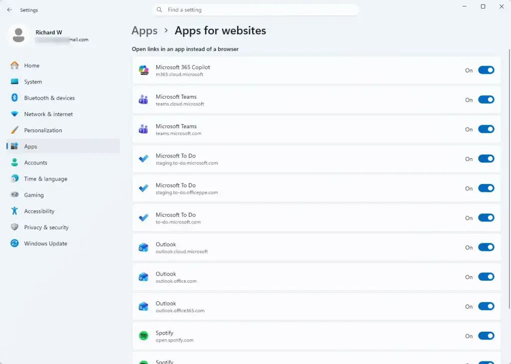 Settings › Apps › Apps for websites