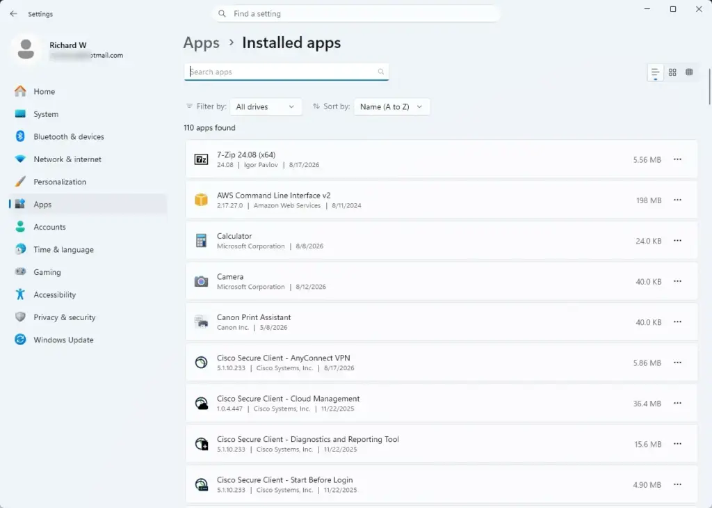 Settings › Apps › Installed apps