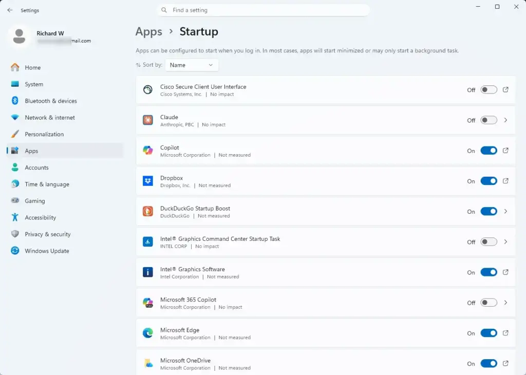 Settings › Apps › Startup