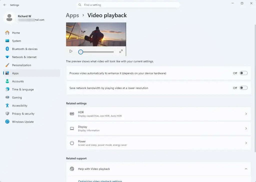 Settings › Apps › Video playback