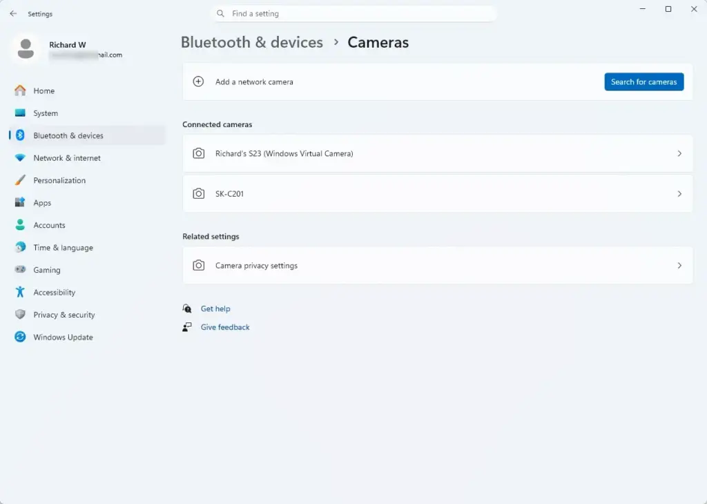 Settings › Bluetooth & devices › Cameras